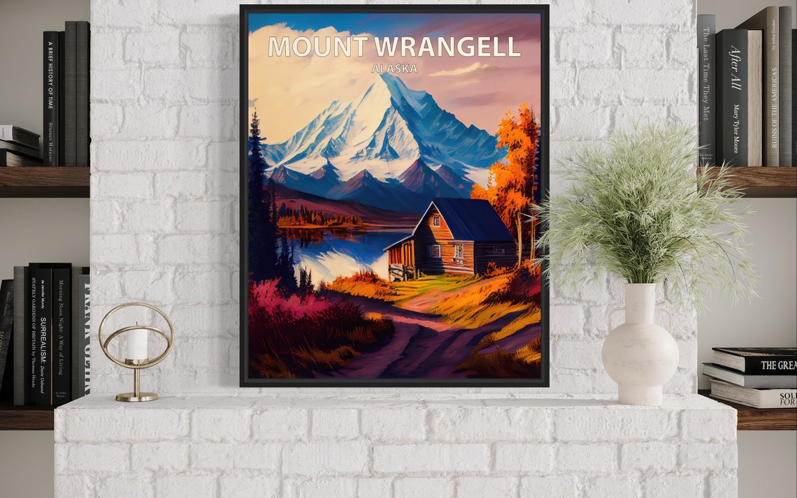 Mount Wrangell Alaska Volcano Cabin Lakeside Autumn Art Poster - Image 3