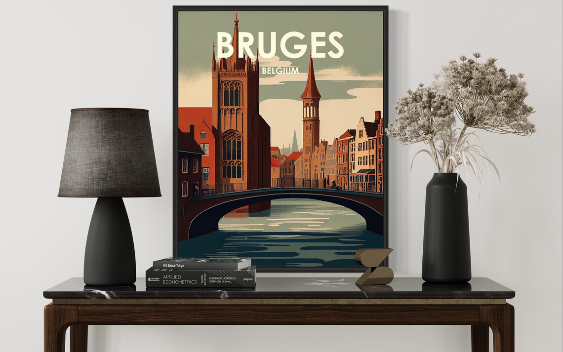 Bruges Belgium Medieval Canal Bridge Gothic Towers Retro Travel Poster - Image 3