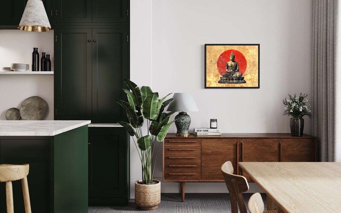 Seated Meditating Buddha Before Red Sun Gold Leaf Zen Art Poster - Image 3