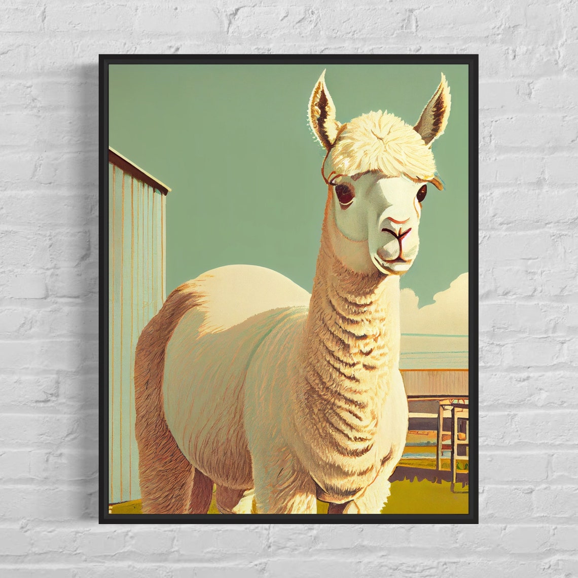 Alpaca Retro Portrait White Fluffy Alpaca Vintage Farm Animal Poster