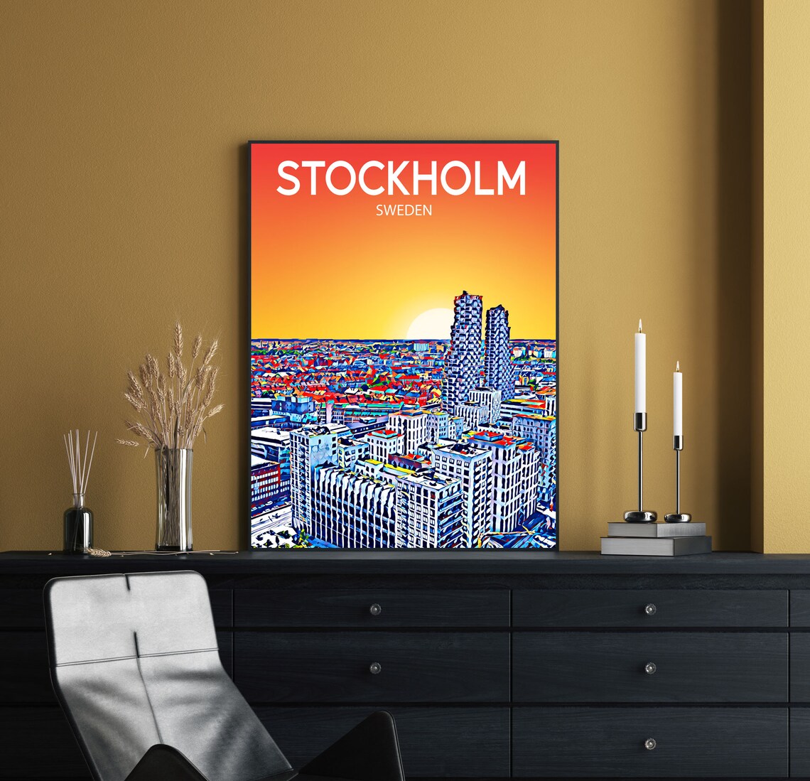 Stockholm Sweden Art Poster Sunset Night Poster Art Print Stockholm City Framed Modern Wall Art Colorful Skyline Photo - Image 2