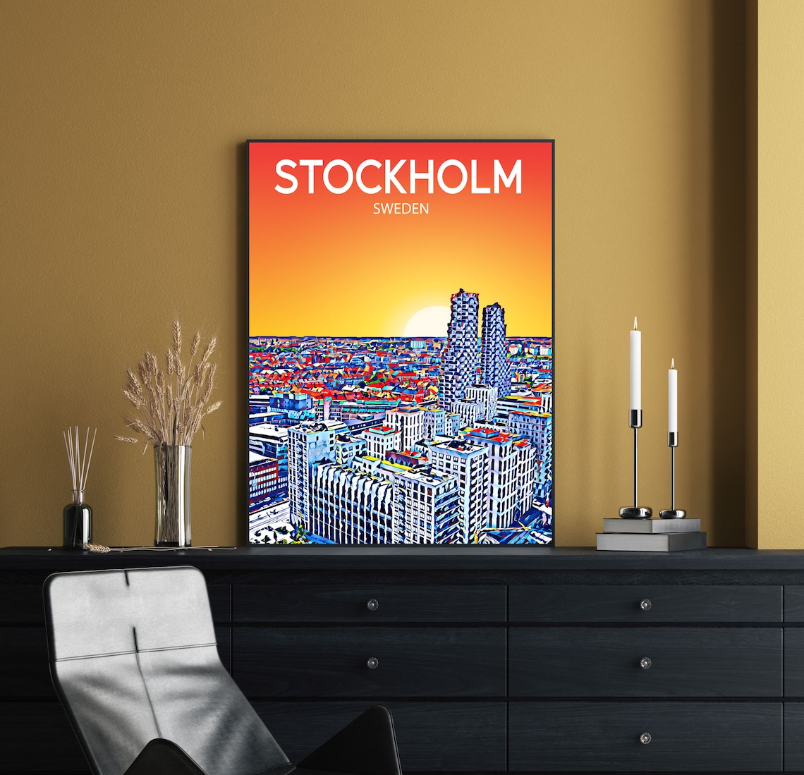 Stockholm Sweden Sunset Skyline Twin Towers Golden City Art Poster - Image 2
