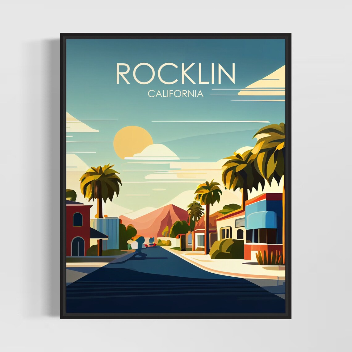 Rocklin California Palm Lined Sunset Street Vintage Travel Poster