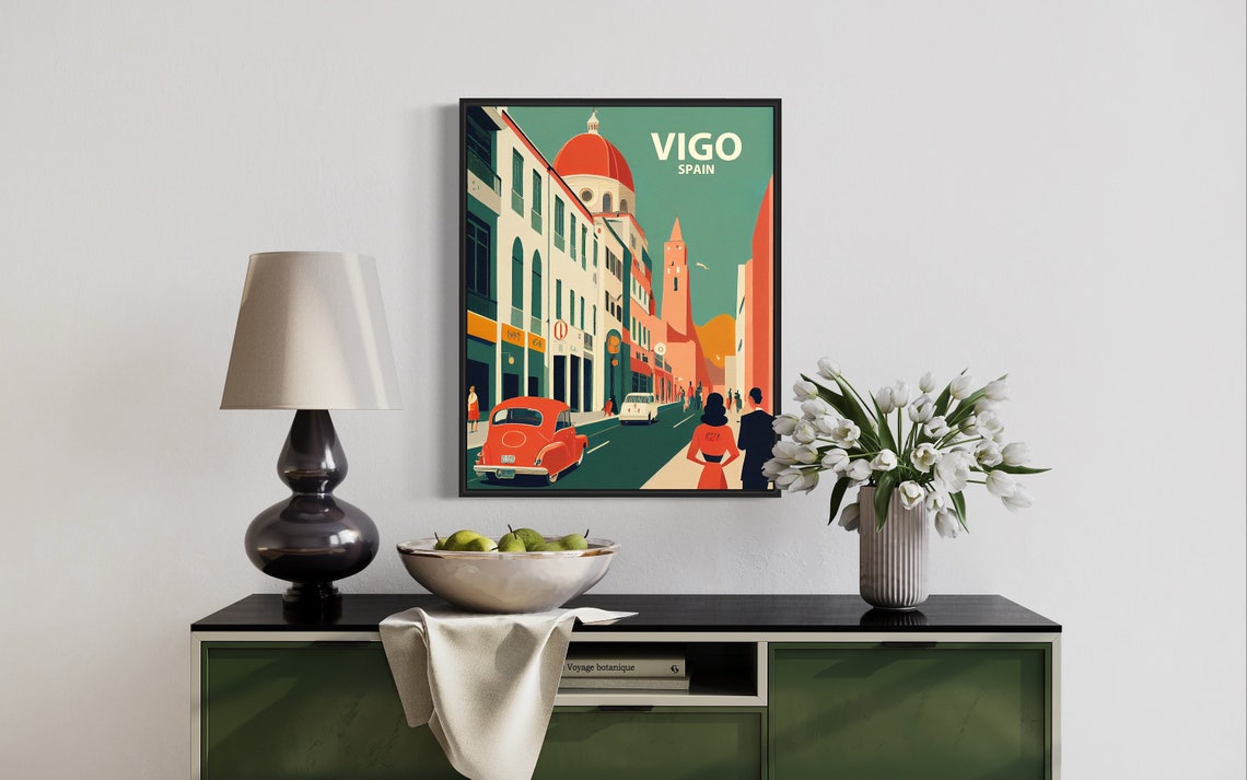 Vigo Spain Retro Street Scene Classic Cars Beneath Red Dome Poster - Image 3
