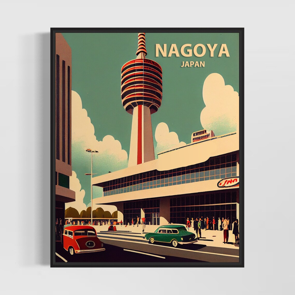 Nagoya Japan TV Tower Retro Street Scene Vintage City Poster