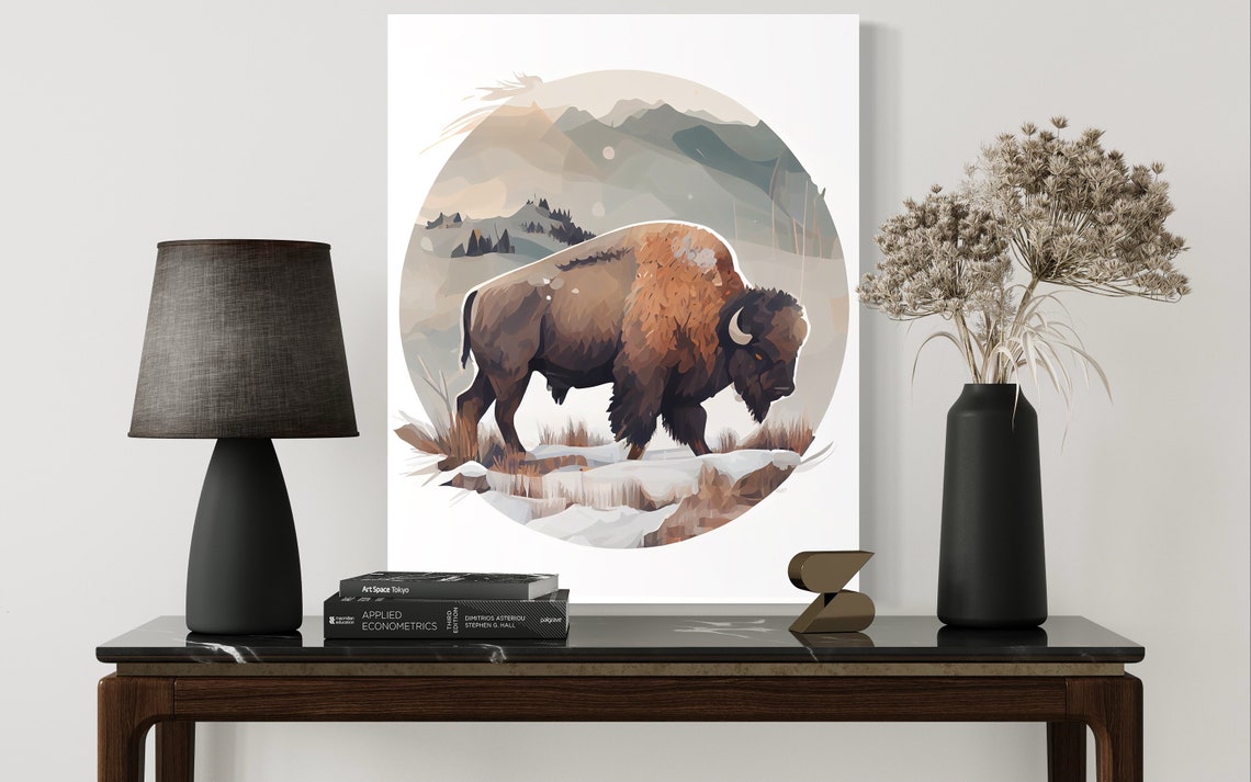 American Bison Grazing in a Snowy Mountain Valley Landscape Poster - Image 2