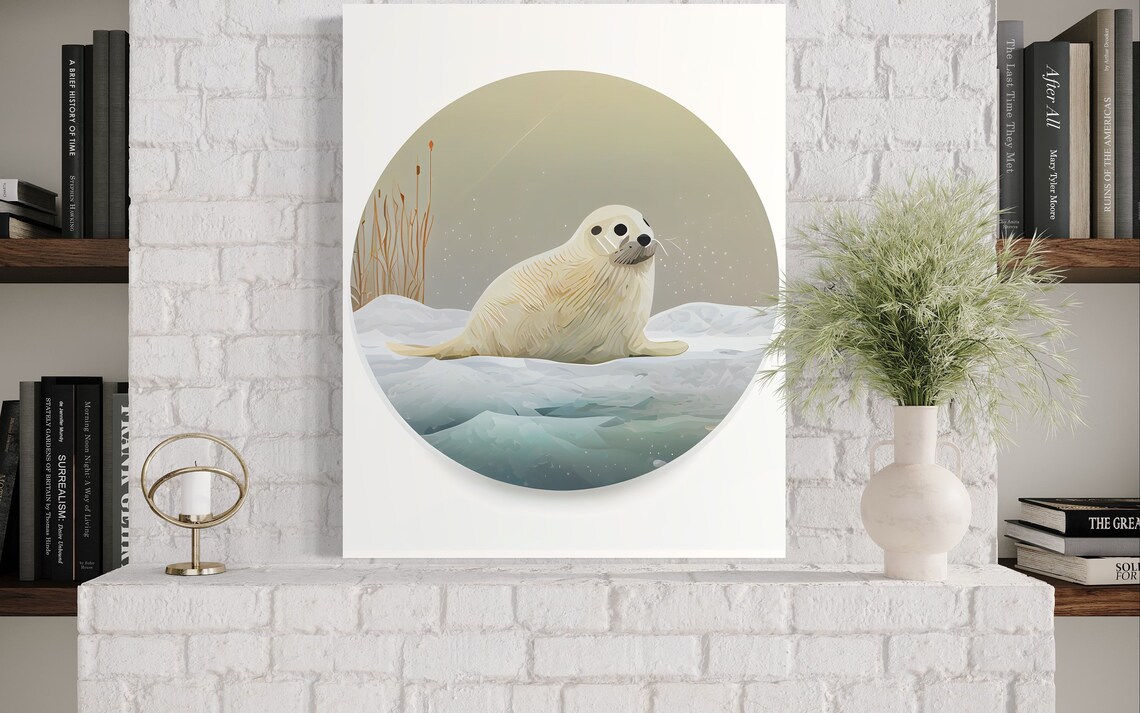 Fluffy Harp Seal Pup on an Ice Floe Arctic Wildlife Art Poster - Image 3