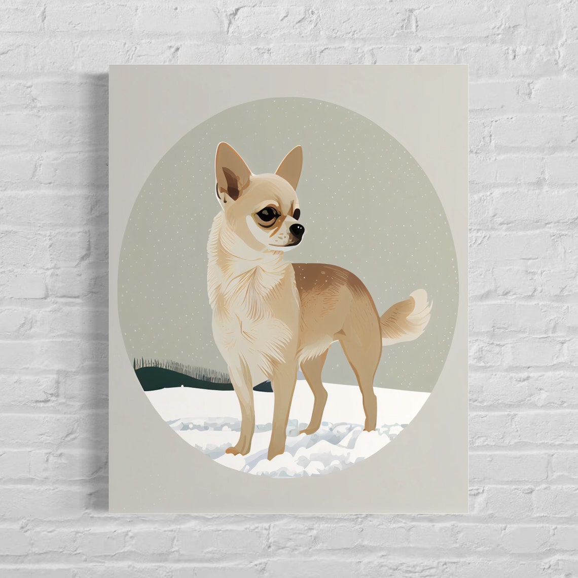 Tan Chihuahua Standing Alert in Falling Snow Circle Art Poster