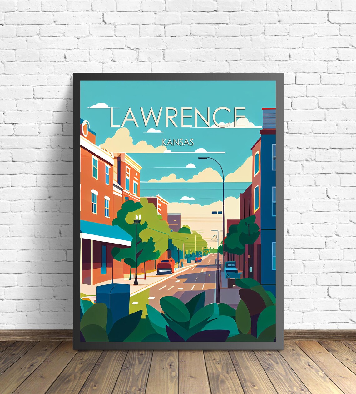 Lawrence Kansas Colorful Downtown Street Retro Minimal Travel Poster