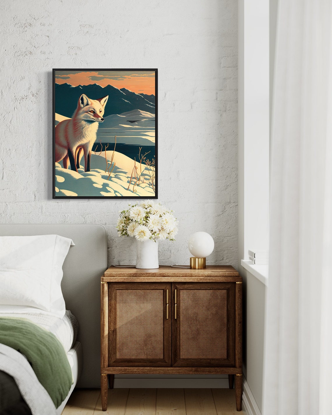 Alert Arctic Fox Standing in Snow Beneath a Peach Sunset Poster - Image 3