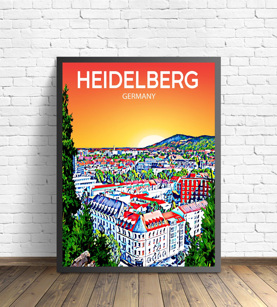 Heidelberg Germany Sunset Old Town Panorama City Travel Art Poster
