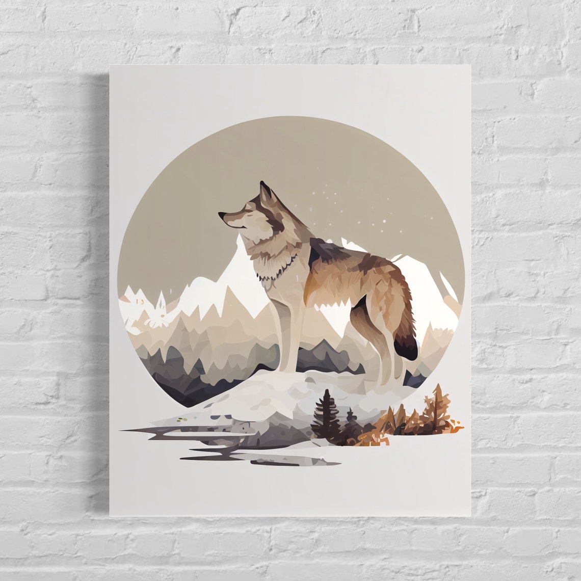Grey Wolf Howling in Snowy Mountains Winter Wildlife Art Poster