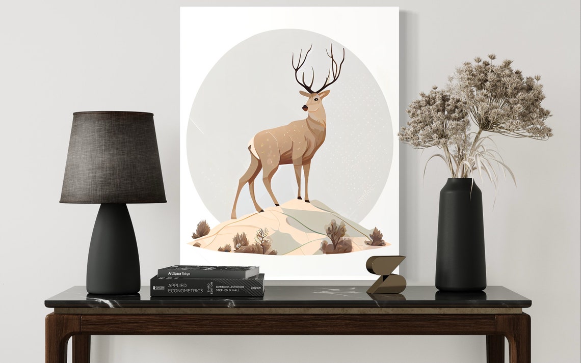 Spotted Stag Deer Standing on a Sandy Hill Circle Art Poster - Image 2