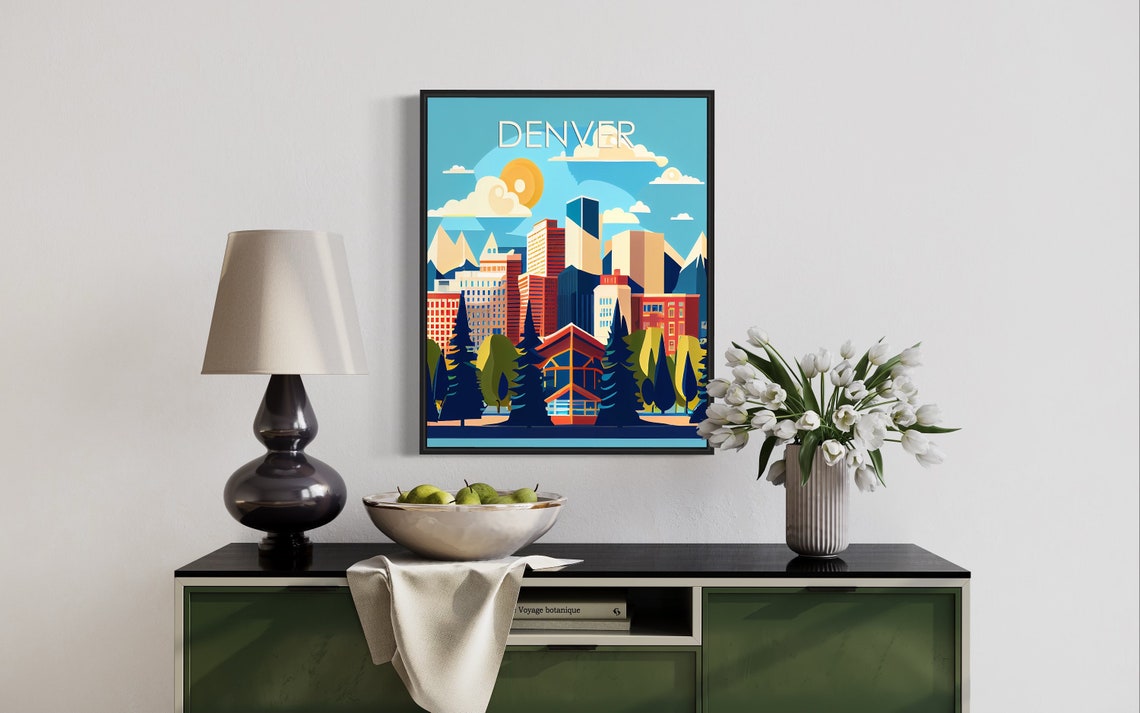 Denver Colorado Sunny Skyline Evergreens Mountains Art Poster - Image 3