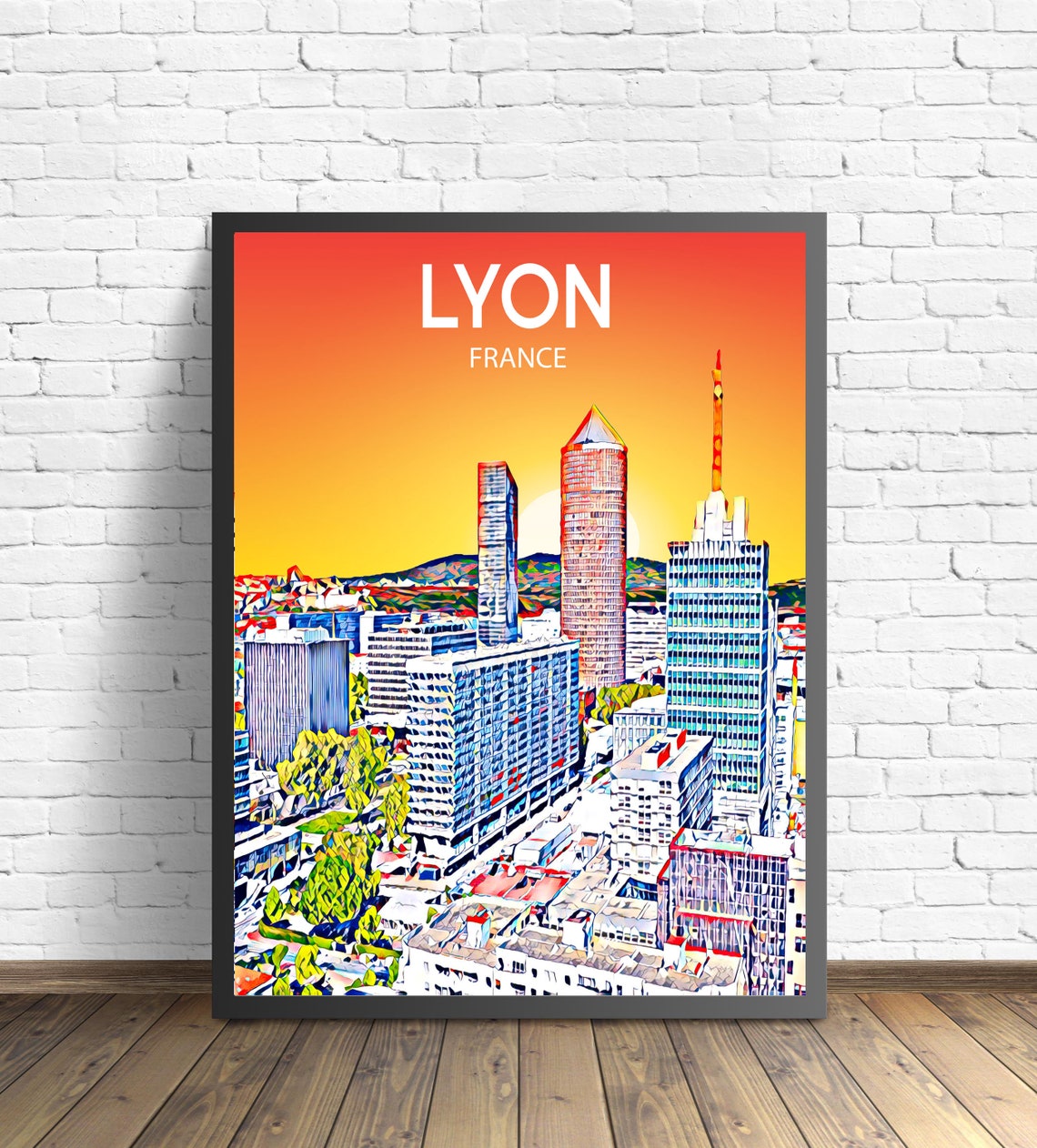 Lyon France Modern Business District Towers Sunset Skyline Poster