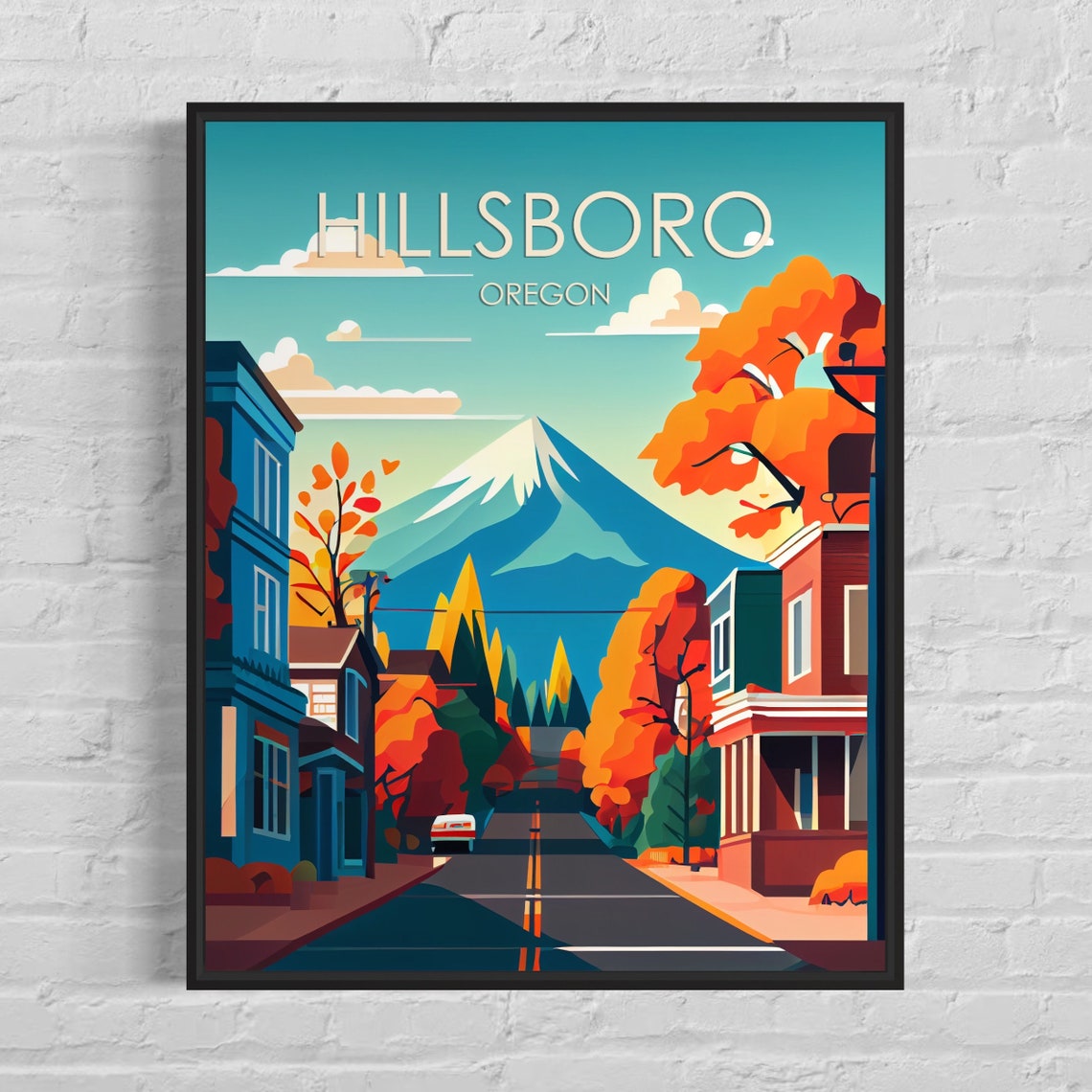 Hillsboro Oregon Autumn Street Snow Capped Mountain Backdrop Poster