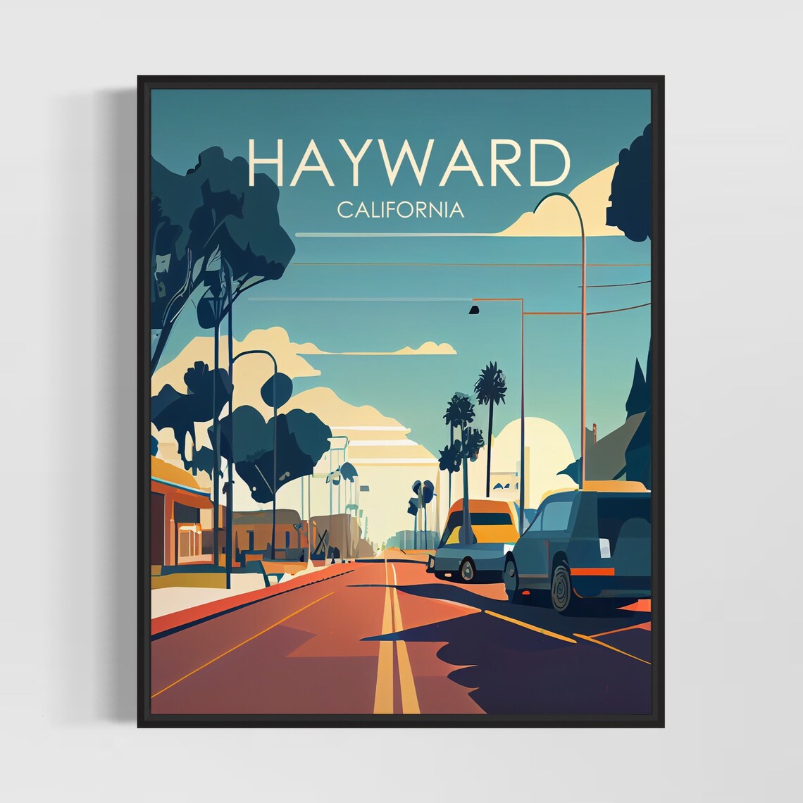 Hayward California Palm Lined Sunset Street Retro Art Poster