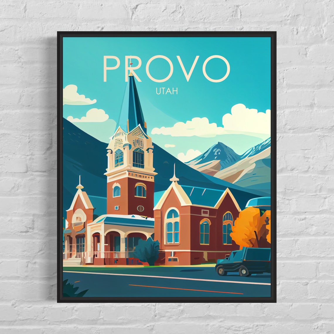 Provo Utah Historic Church Mountain Backdrop Vintage Art Poster