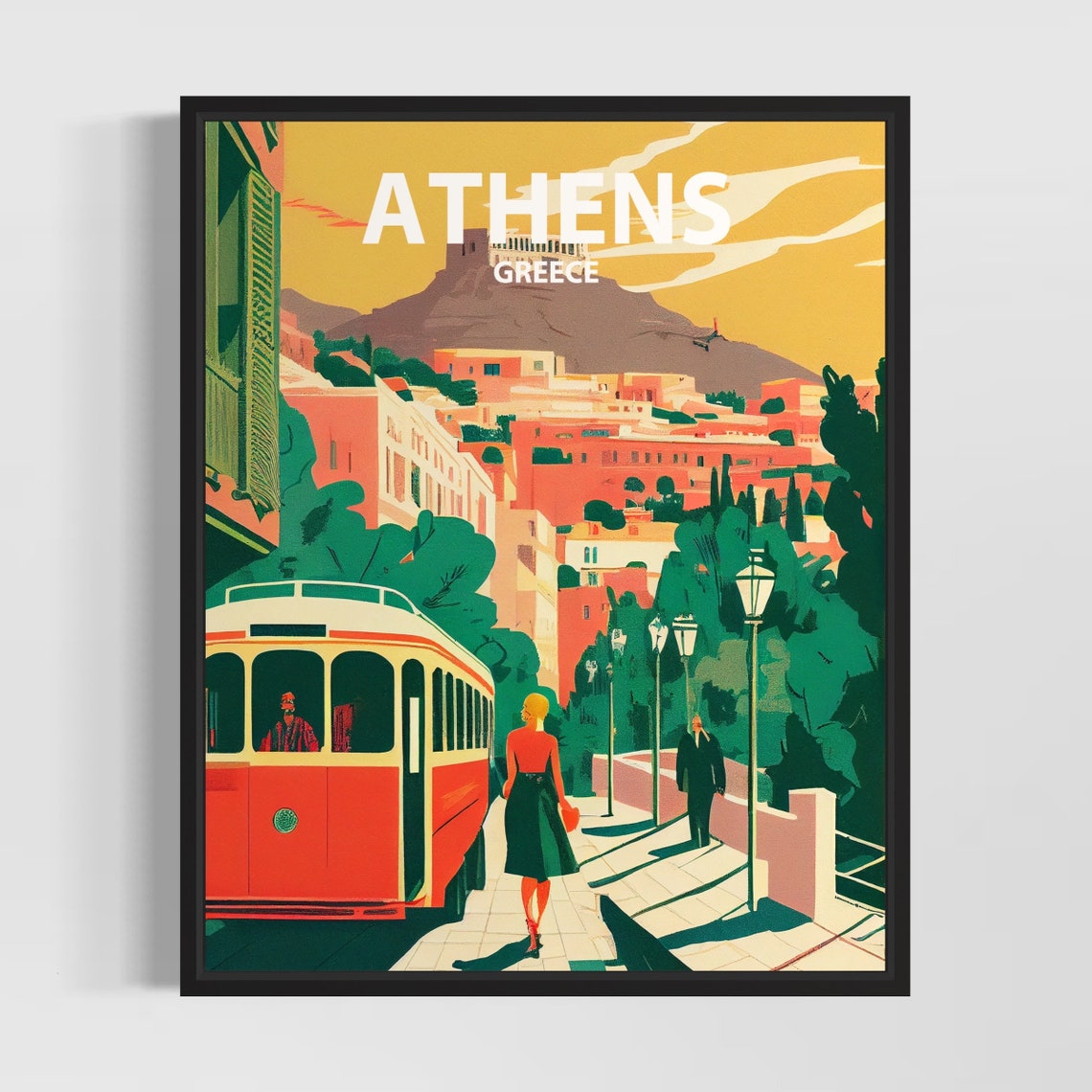 Athens Greece Tram Vintage Minimal Street Scene Travel Poster Art