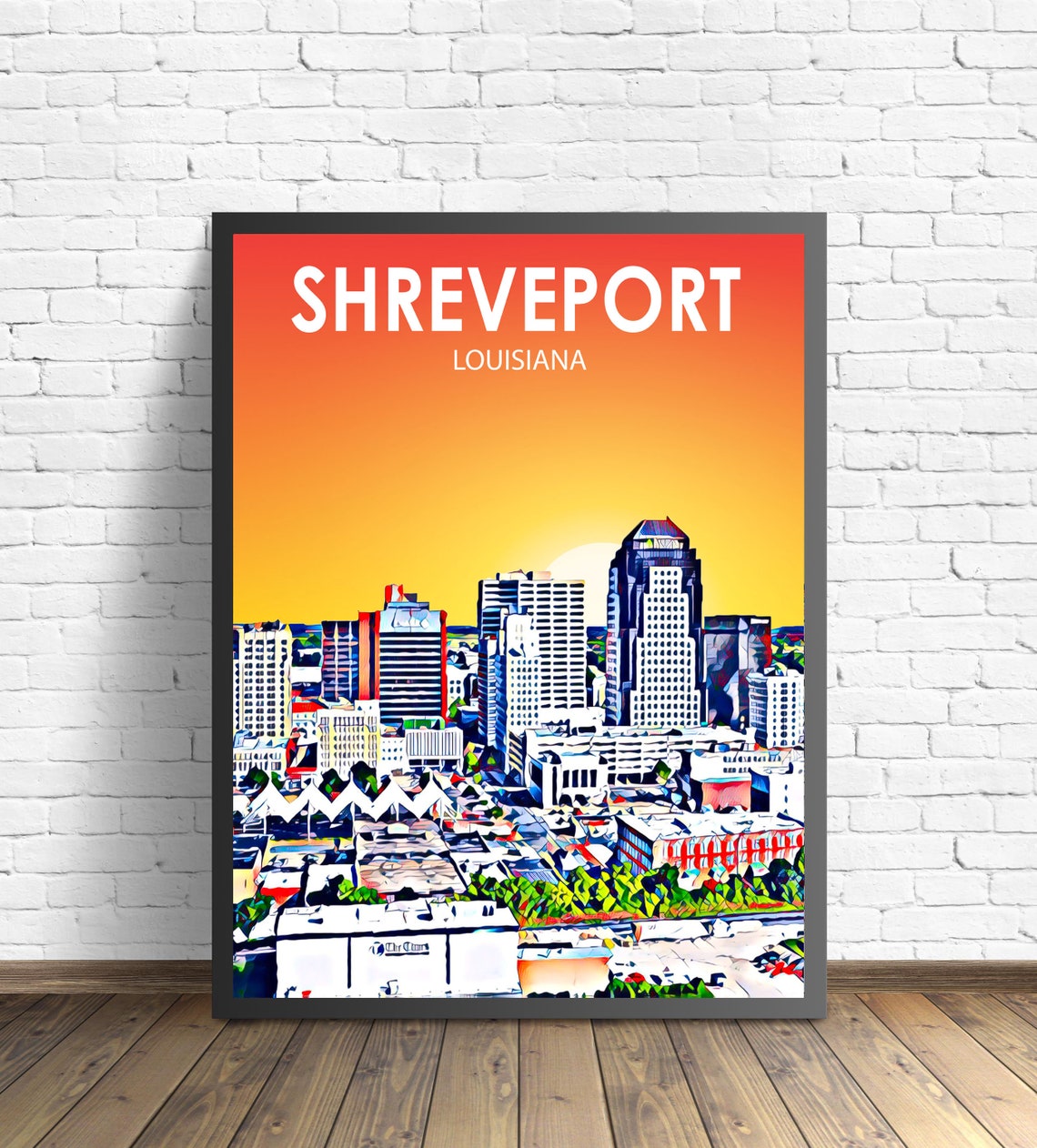 Shreveport La Art Poster Louisiana Sunset Landscape Poster Print Shreveport City Framed Wall Art Colorful Skyline Sketch Photo