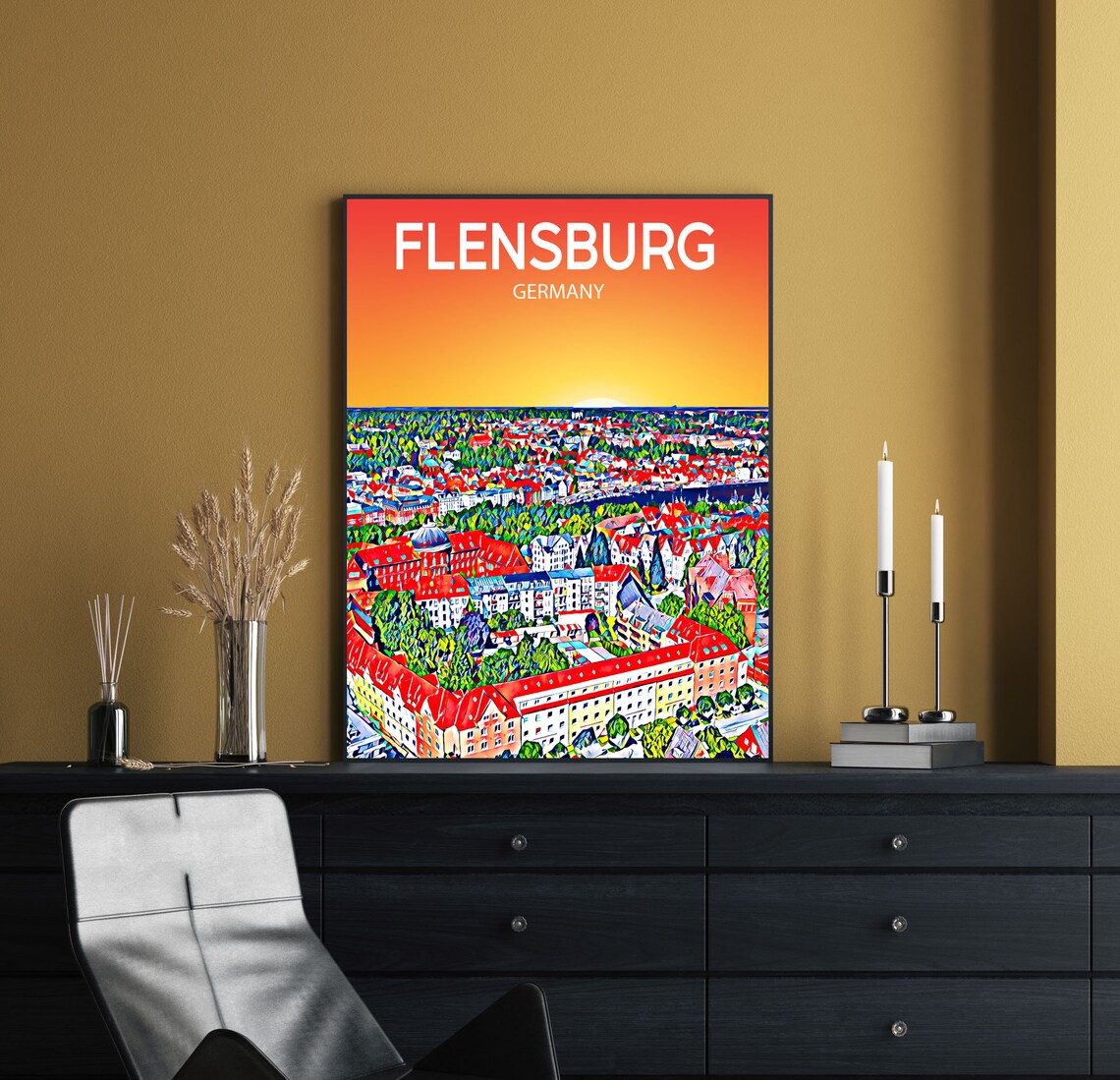 Flensburg Germany Red Roofs Old Town Sunset Pop Art City Travel Poster - Image 2
