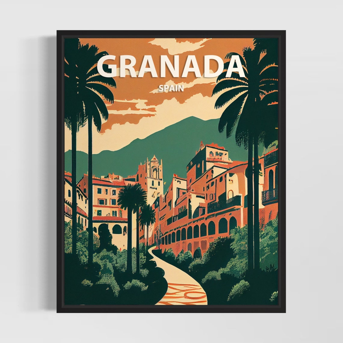 Granada Spain Old Town Palms Sunset Mountain View Travel Poster