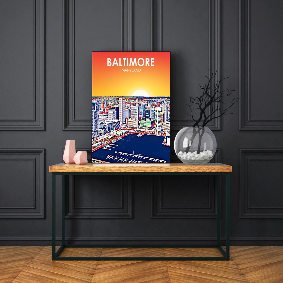 Baltimore Maryland Fiery Orange Sunset Harbor Skyline Art Poster - Image 3