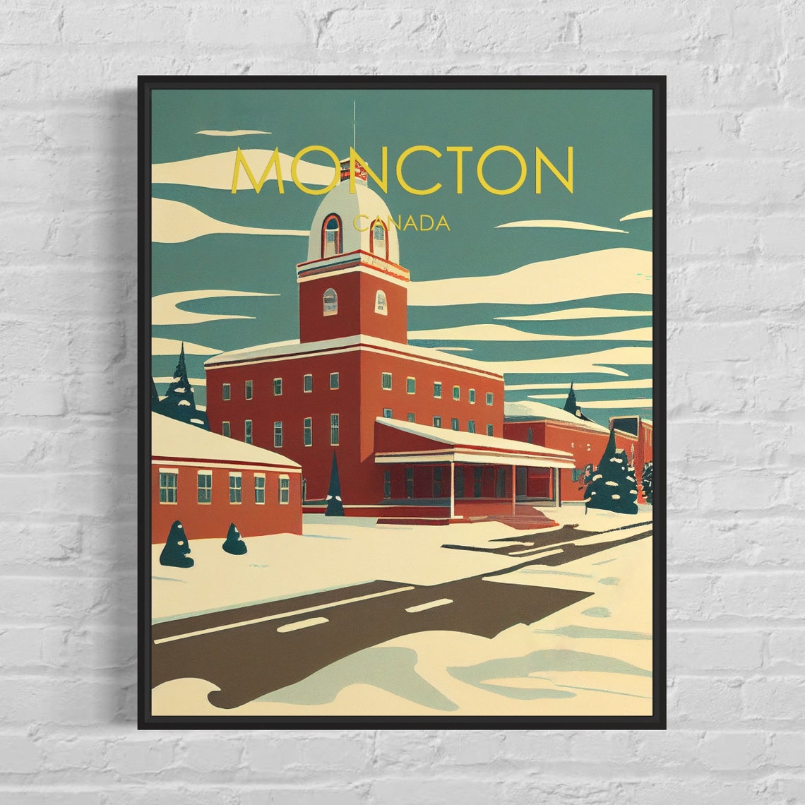 Moncton Canada Snowy Red Domed Hall Winter Retro Travel Poster