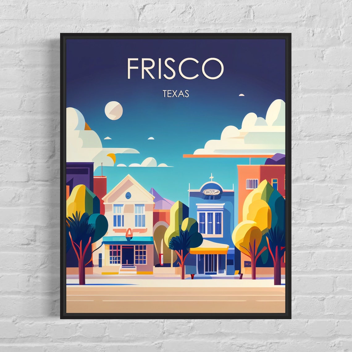Frisco Texas Colorful Downtown Storefronts Night Sky Travel Poster