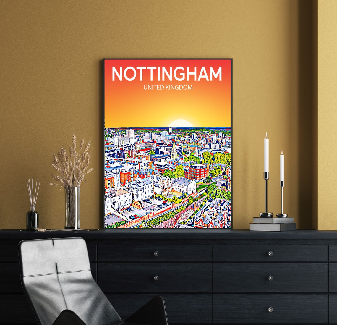 Nottingham United Kingdom Sunset Aerial Skyline Cityscape Art Poster - Image 2
