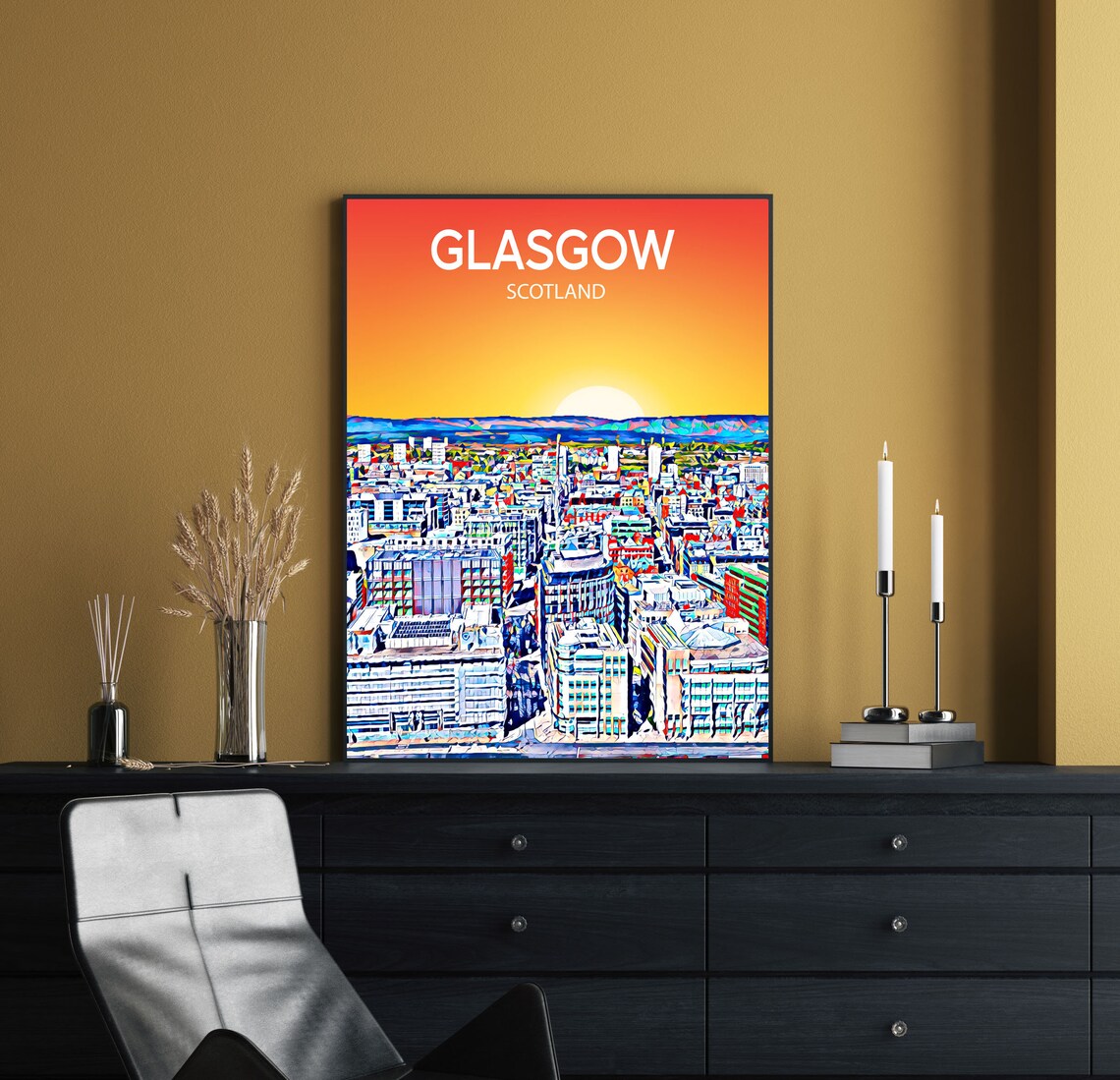 Glasgow Scotland Sunset Skyline Colorful Pop Art City Travel Poster - Image 2