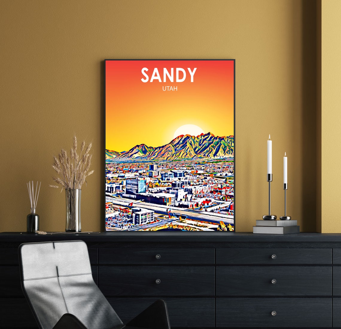 Sandy Utah Sunset City Skyline Mountain View Painted Art Poster - Image 2