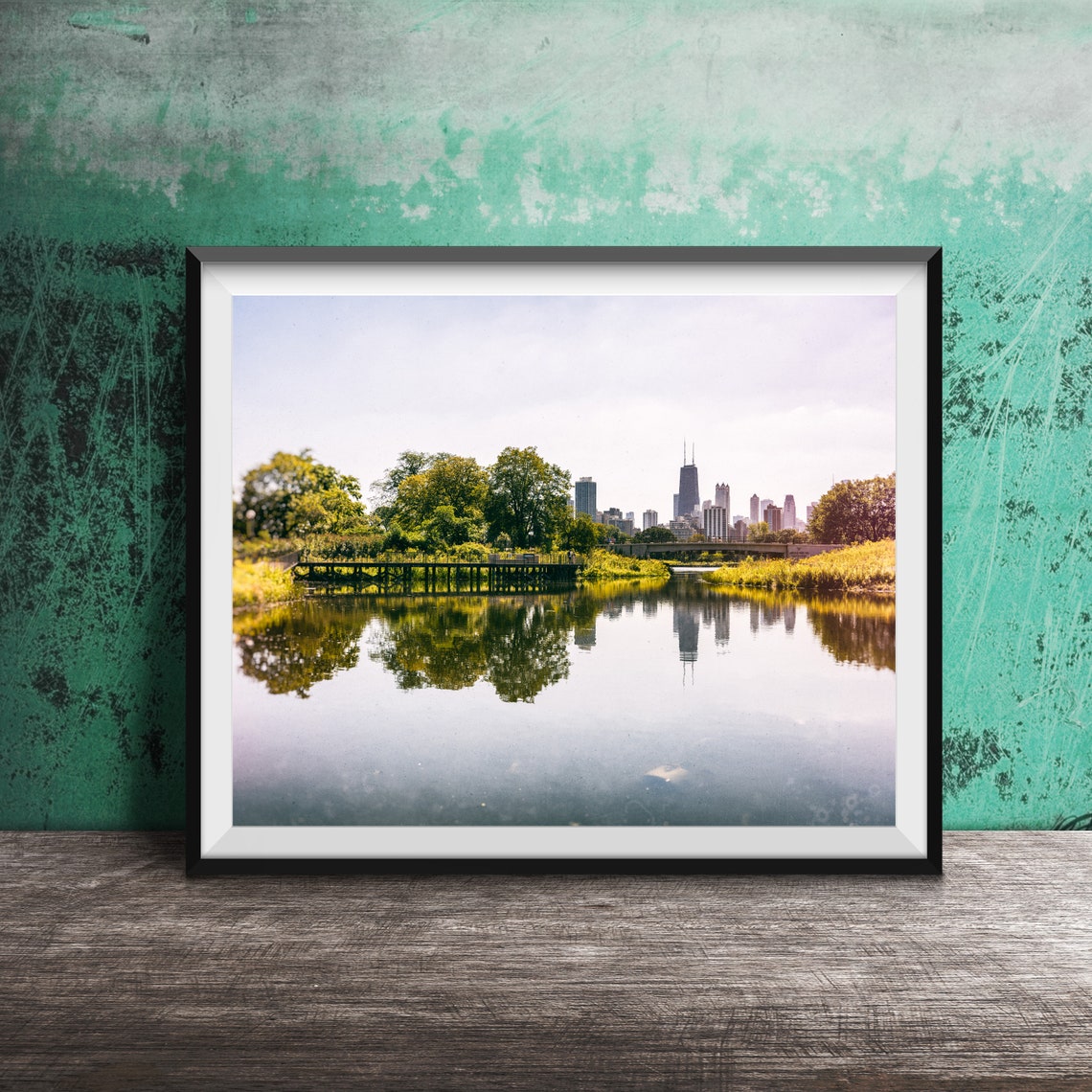 Chicago Skyline Mirror Reflection Over Calm Lagoon Water Poster