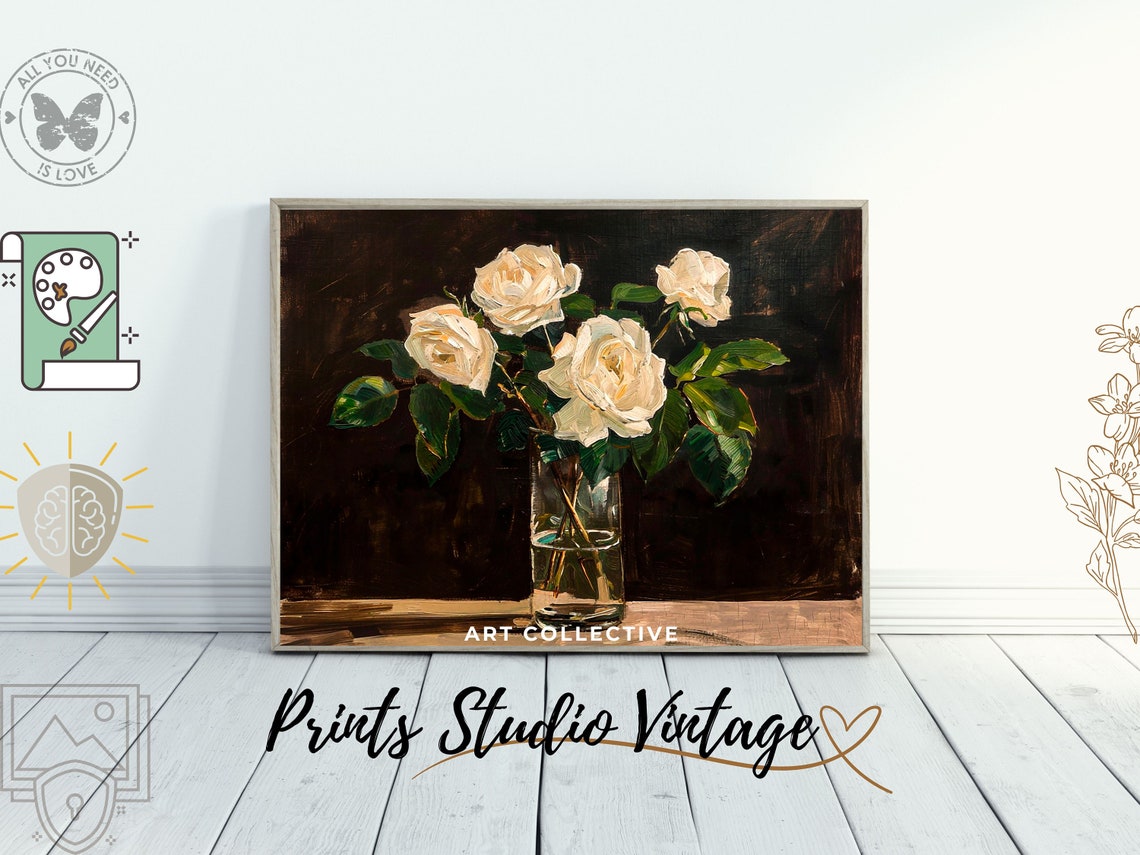 White Roses Floral Oil Painting Flower Bouquet Flower Print Vintage Flower Dark Cottagecore Flower Wall Art Vase Of Flowers - Image 2