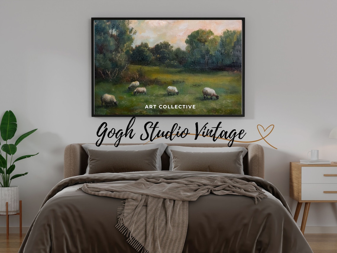 Sheep Grazing on a Ridge Meadow, Vintage Antique Art Print - Image 3