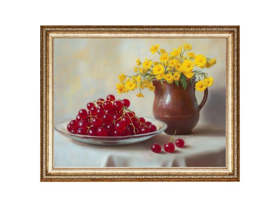 Redcurrants And Marigolds Rustic Fruit Still Life Painting Oil Painting Cottage Core Art Vintage Painting Art Prints
