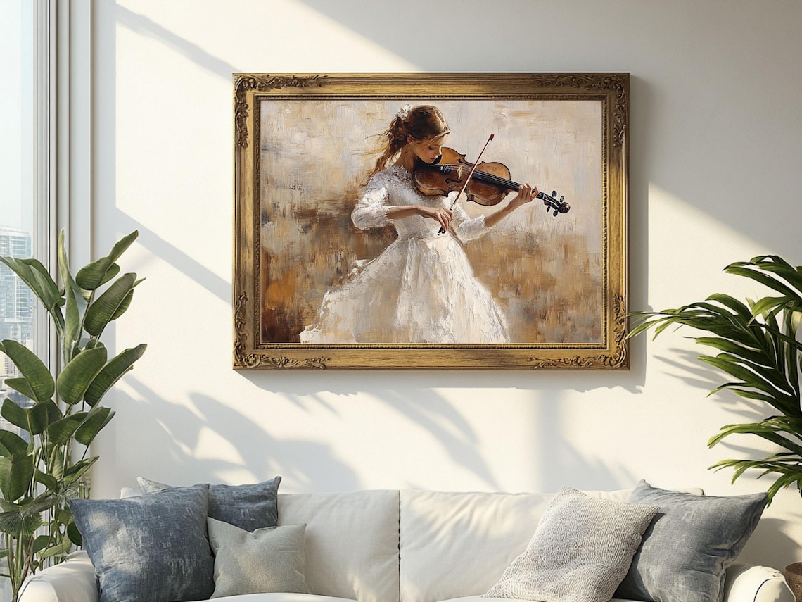 Young Violinist in White Dress Classical Music Performance Art Poster - Image 2