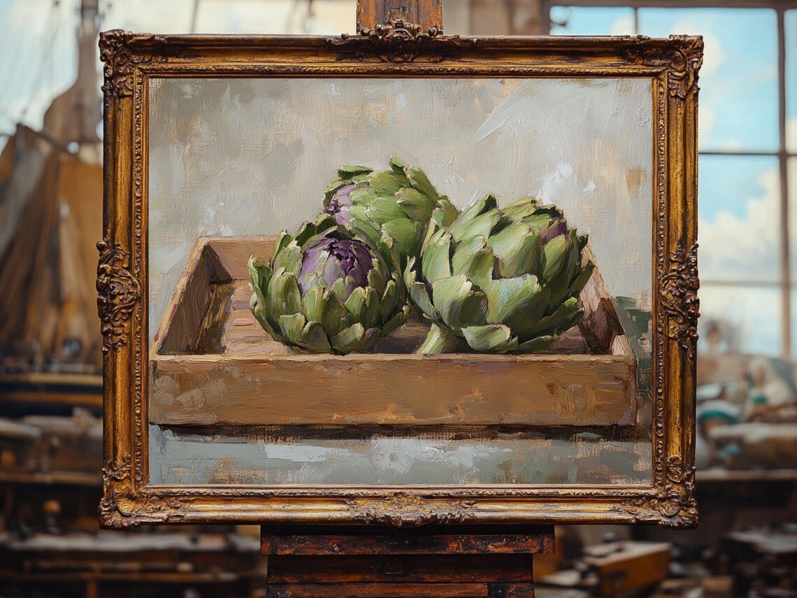 Rustic Artichoke Kitchen Still Life, Vintage Painting - Image 2