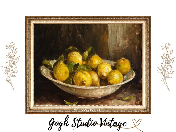 Lemon Still Life Oil Painting Kitchen Wall Art Moody Fruit Art Print Vintage Citrus Vintage Antique Oil Painting
