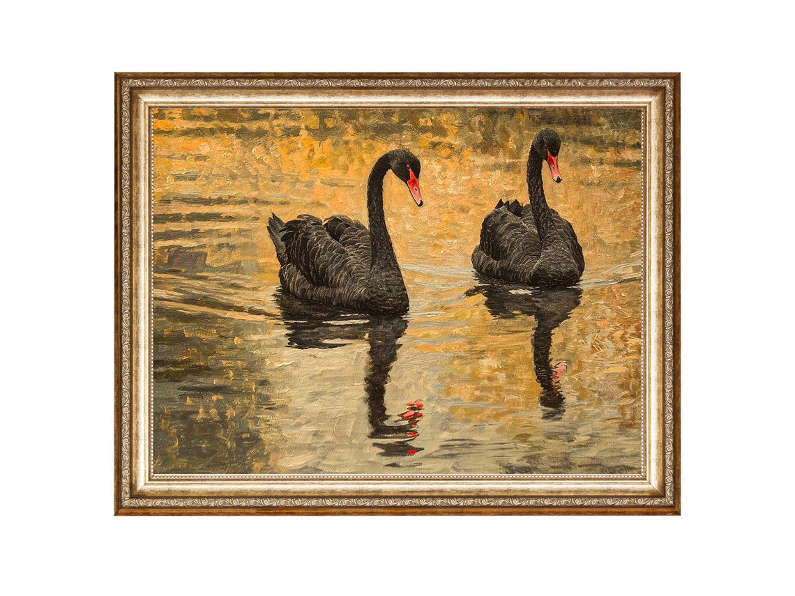 Black Swan Art Lake Painting Vintage Swan Nature Wall Art Swan Painting Animal Wall Art Swan Art Goghstudiovintage