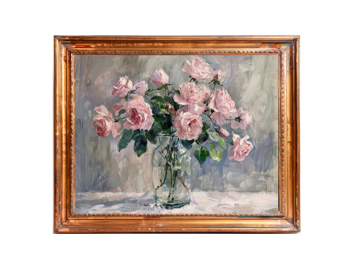 Pink Roses Floral Artwork, Vintage Flower Still Life - Image 3