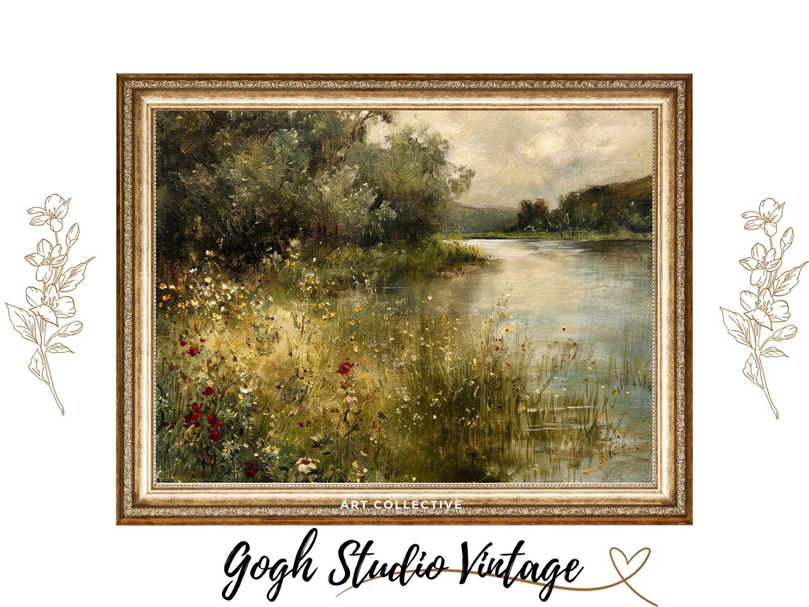 Nature River Landscape, Vintage Oil Painting