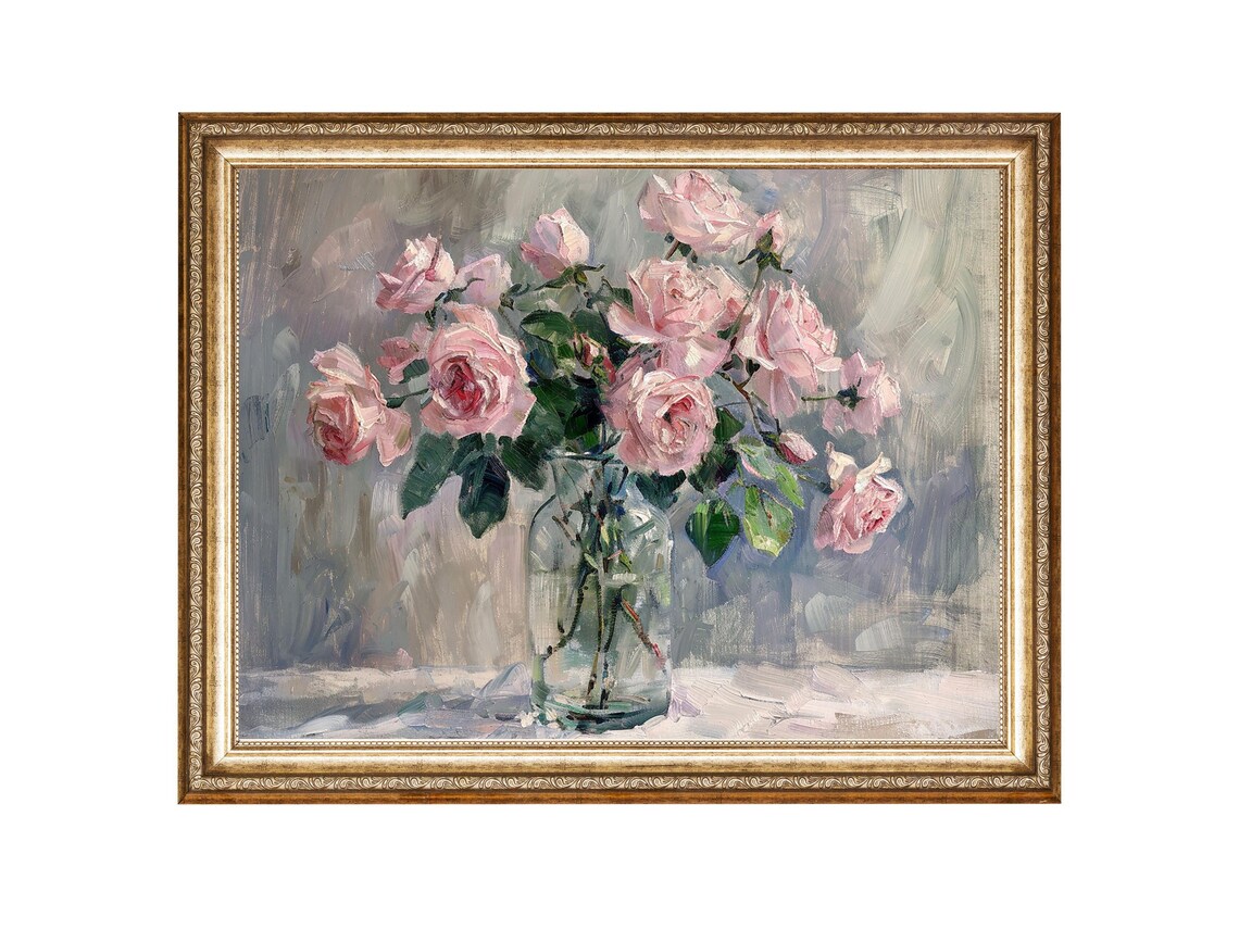 Pink Roses Floral Artwork, Vintage Flower Still Life