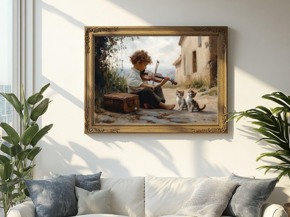 Boy Playing Violin for Two Kittens on a Village Street Poster - Image 2