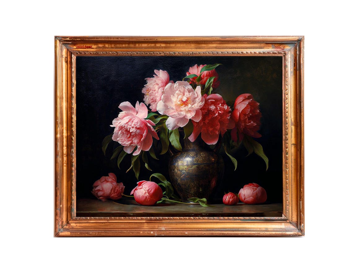Pink Peonies Vintage Flower Still Life Art Print - Image 3