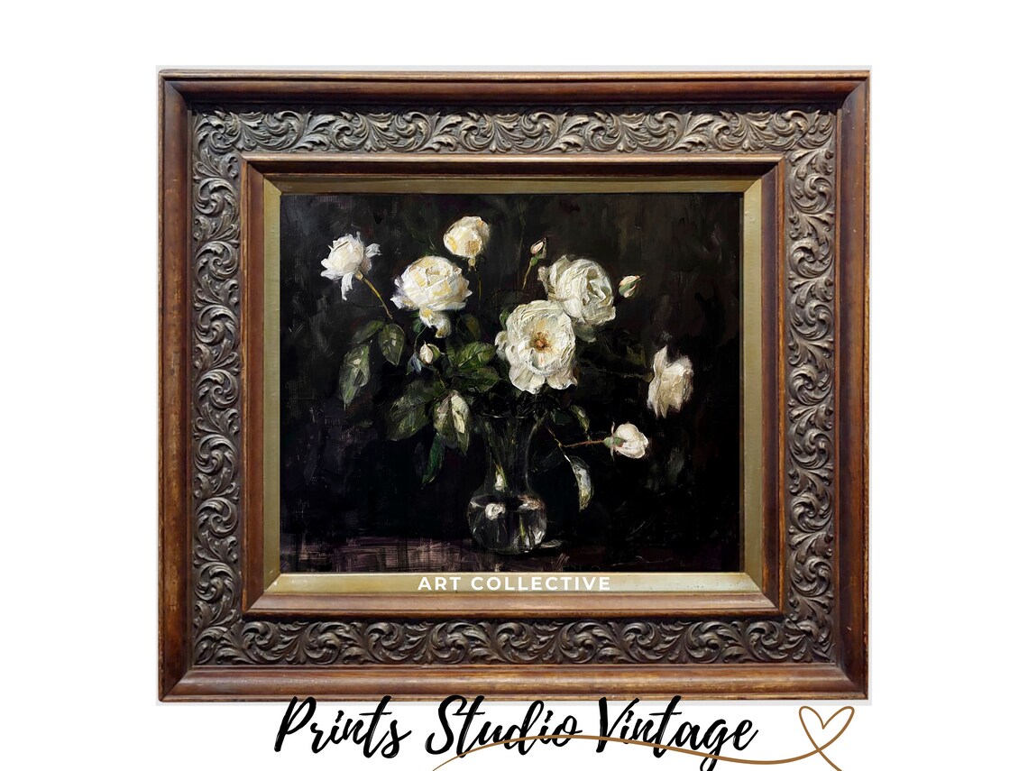 White Roses, Moody Floral Oil Painting Art Print - Image 2