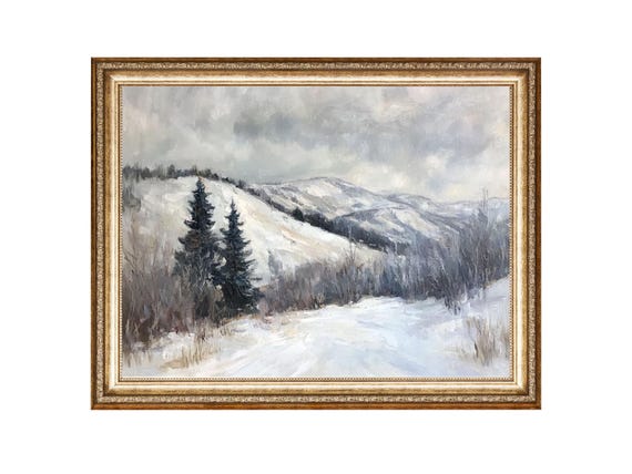 Winter Mountain Landscape Winter Art Oil Painting Cottage Core Art Vintage Painting Prints