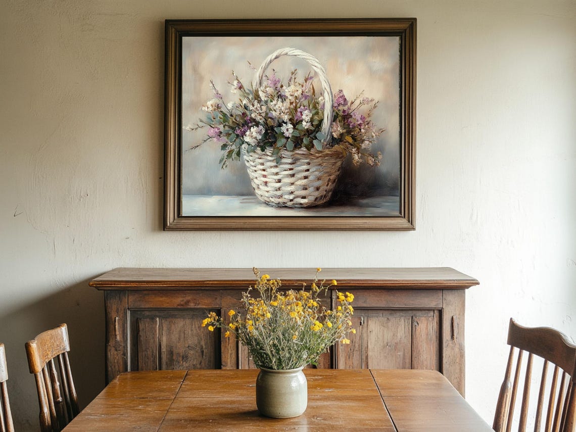 Vintage Floral Basket Oil Painting Art Print - Image 2