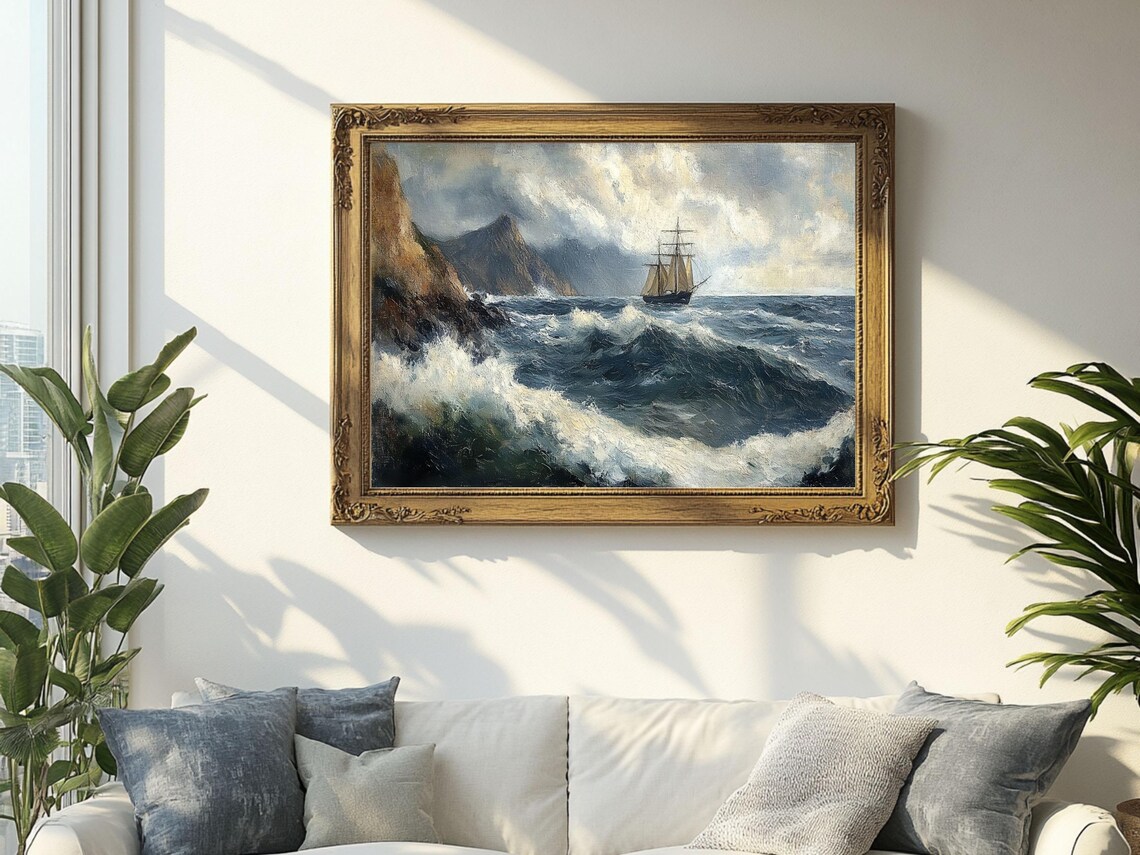 Stormy Sea Ship Oil Painting, Vintage Art Print - Image 2