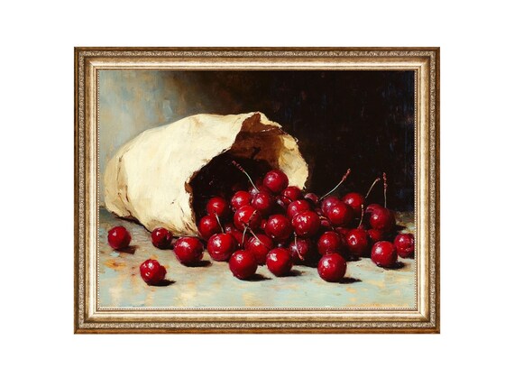 Still Life Cherry Painting Rustic Kitchen Vintage Fruit Print Vintage Oil Painting Cottagecore Wall Art Wall Art Prints